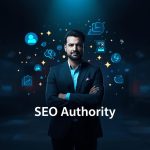 Digital marketer presenting four glowing pillars labeled E-E-A-T, symbolizing the foundation of trust and authority in modern SEO strategies.