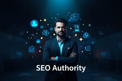 Digital marketer presenting four glowing pillars labeled E-E-A-T, symbolizing the foundation of trust and authority in modern SEO strategies.