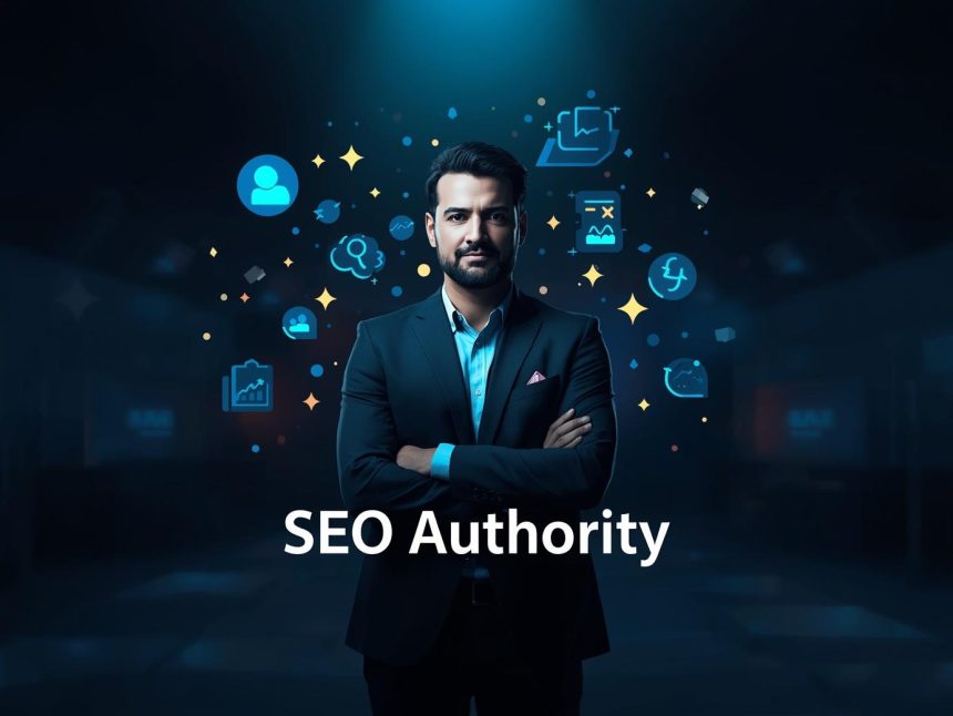 Digital marketer presenting four glowing pillars labeled E-E-A-T, symbolizing the foundation of trust and authority in modern SEO strategies.
