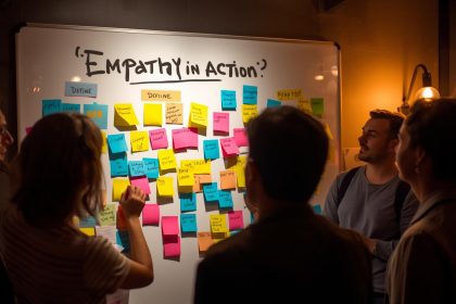 Design team collaborating on user-centered solutions using design thinking stages—empathize, define, ideate, prototype, and test.