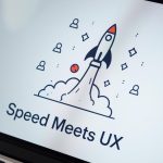 Digital marketer standing before a glowing performance dashboard showing Core Web Vitals metrics and rising SEO rankings, symbolizing the link between UX and on-page success.