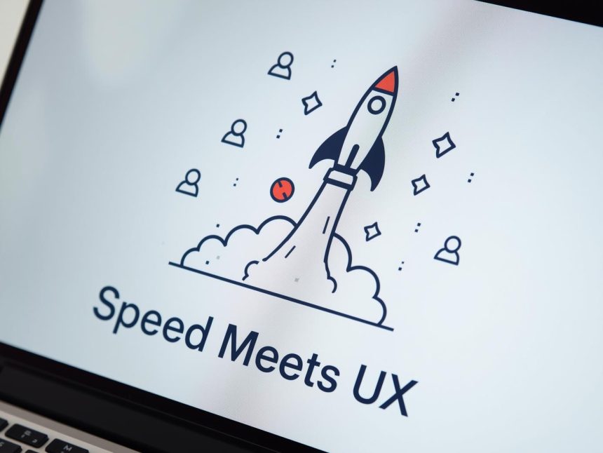 Digital marketer standing before a glowing performance dashboard showing Core Web Vitals metrics and rising SEO rankings, symbolizing the link between UX and on-page success.