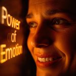 A marketer writing glowing emotional words that transform into engagement and purchase icons, symbolizing how emotional copywriting drives customer action.