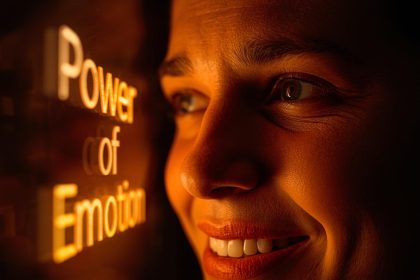 A marketer writing glowing emotional words that transform into engagement and purchase icons, symbolizing how emotional copywriting drives customer action.