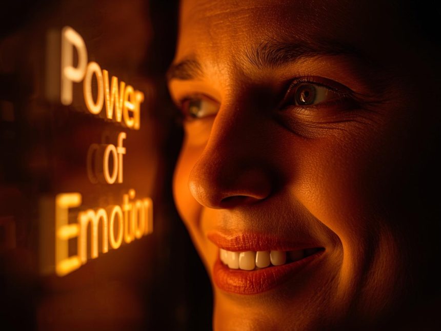 A marketer writing glowing emotional words that transform into engagement and purchase icons, symbolizing how emotional copywriting drives customer action.