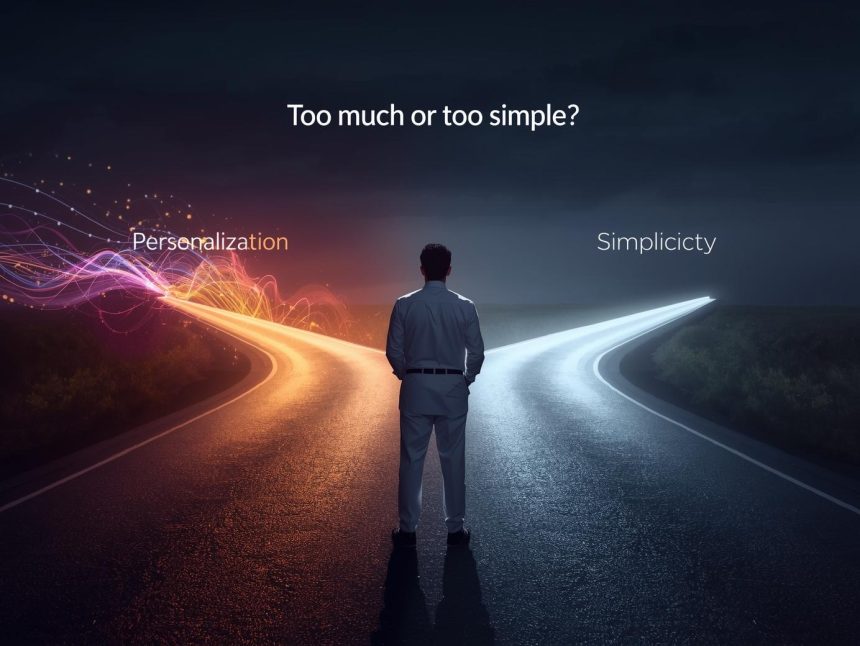 UX designer adjusting personalization and simplicity settings on a futuristic interface to achieve an optimal user experience balance.