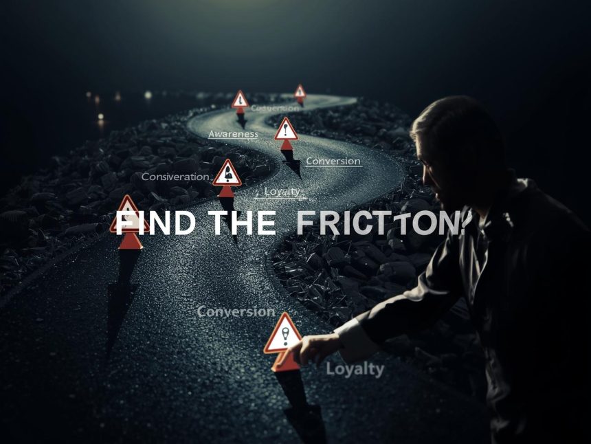 UX designer analyzing a user journey map with key touchpoints and pain points highlighted to optimize the overall customer experience.