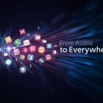 Glowing sound waves transforming into social media and email icons, representing how podcasters can promote their shows across multiple digital platforms in 2025.