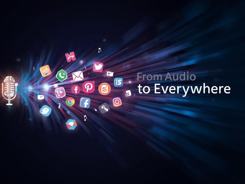 Glowing sound waves transforming into social media and email icons, representing how podcasters can promote their shows across multiple digital platforms in 2025.