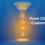 A glowing digital funnel transforming clicks into purchases, symbolizing how effective blogging strategies turn readers into paying customers.