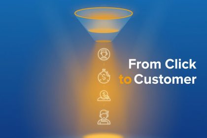 A glowing digital funnel transforming clicks into purchases, symbolizing how effective blogging strategies turn readers into paying customers.