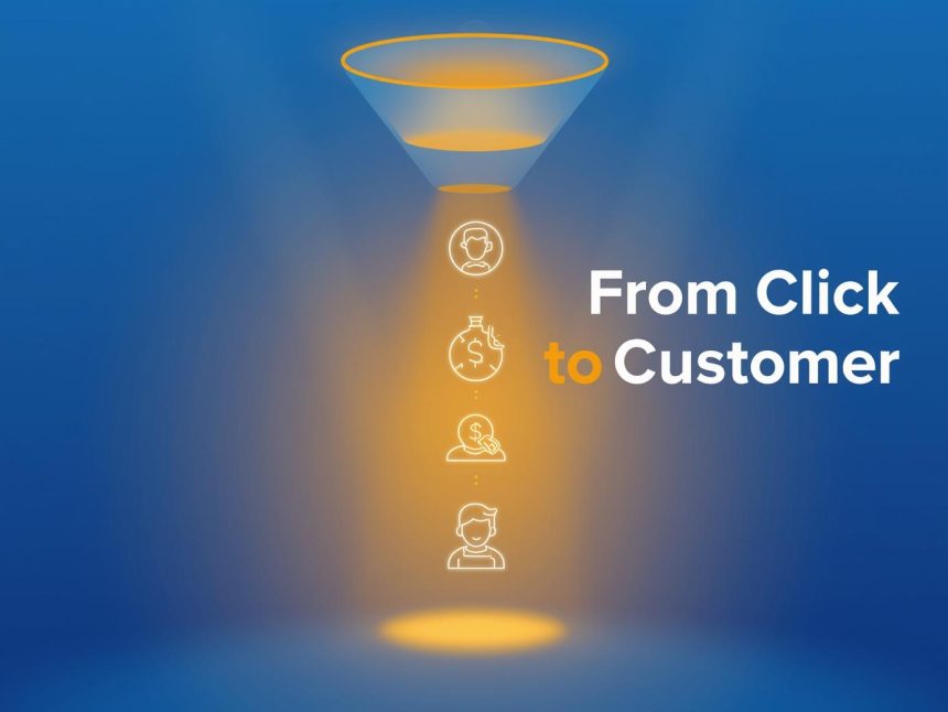 A glowing digital funnel transforming clicks into purchases, symbolizing how effective blogging strategies turn readers into paying customers.