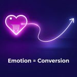 A glowing heart transforming into digital engagement and conversion icons, symbolizing how emotional storytelling drives customer action and sales.
