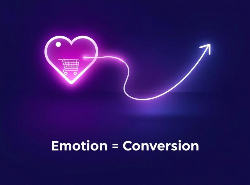 A glowing heart transforming into digital engagement and conversion icons, symbolizing how emotional storytelling drives customer action and sales.