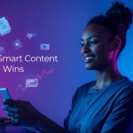 A glowing digital dashboard transforming analytics data into creative content icons, symbolizing how insights guide content strategy and performance.