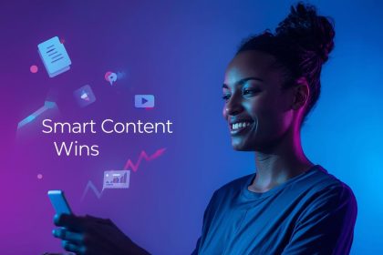 A glowing digital dashboard transforming analytics data into creative content icons, symbolizing how insights guide content strategy and performance.