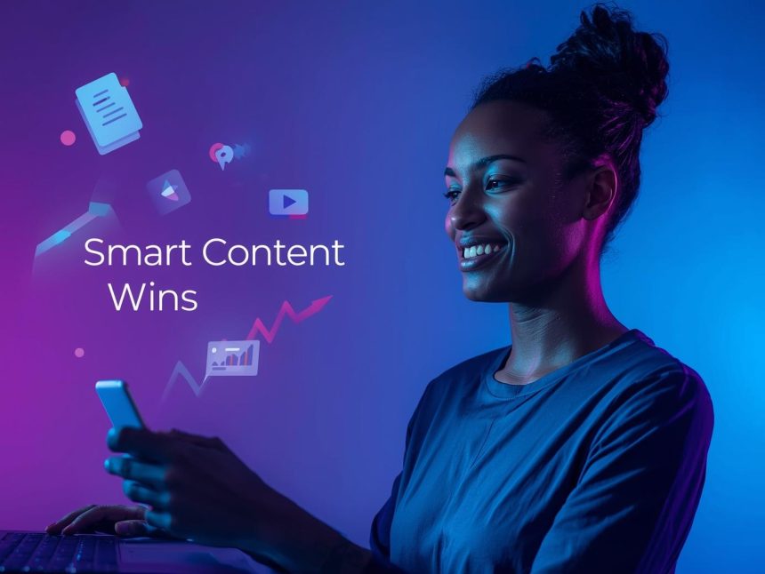 A glowing digital dashboard transforming analytics data into creative content icons, symbolizing how insights guide content strategy and performance.