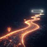 A glowing digital path showing the buyer journey from awareness to decision, symbolizing SEO content strategies that attract, nurture, and convert.