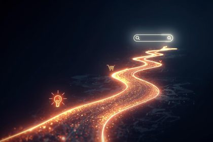 A glowing digital path showing the buyer journey from awareness to decision, symbolizing SEO content strategies that attract, nurture, and convert.