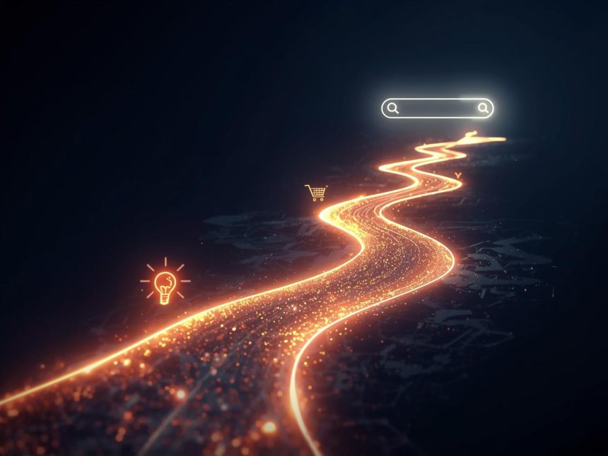 A glowing digital path showing the buyer journey from awareness to decision, symbolizing SEO content strategies that attract, nurture, and convert.