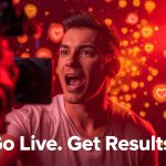 A creator engaging with viewers during a live broadcast surrounded by reaction icons, symbolizing real-time interaction and marketing results.