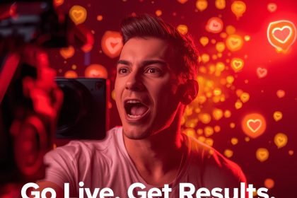 A creator engaging with viewers during a live broadcast surrounded by reaction icons, symbolizing real-time interaction and marketing results.