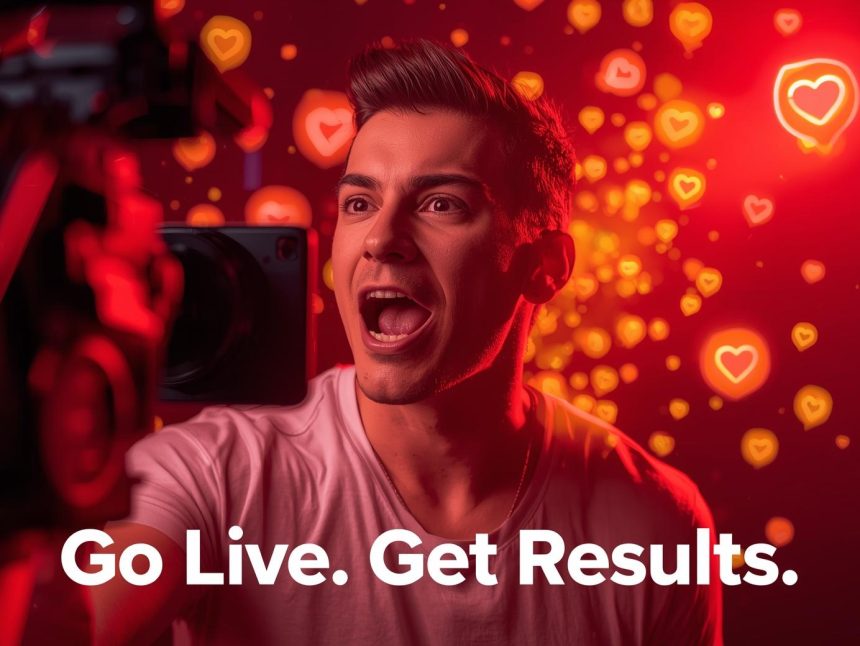 A creator engaging with viewers during a live broadcast surrounded by reaction icons, symbolizing real-time interaction and marketing results.