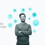 Half-human, half-robot creator typing on a glowing laptop, symbolizing the collaboration between artificial intelligence and human creativity in content production.