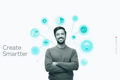 Half-human, half-robot creator typing on a glowing laptop, symbolizing the collaboration between artificial intelligence and human creativity in content production.