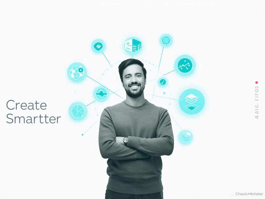 Half-human, half-robot creator typing on a glowing laptop, symbolizing the collaboration between artificial intelligence and human creativity in content production.