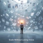 A half-human, half-digital brain writing content, symbolizing how AI blogging tools help scale quality content without losing a brand’s authentic voice.