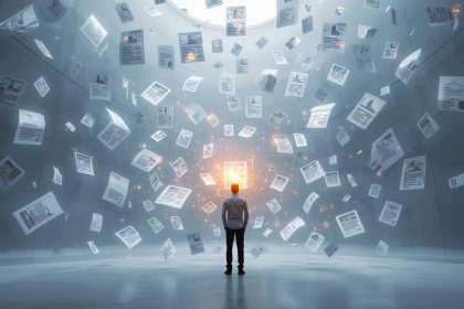 A half-human, half-digital brain writing content, symbolizing how AI blogging tools help scale quality content without losing a brand’s authentic voice.