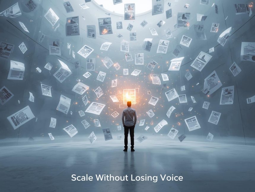 A half-human, half-digital brain writing content, symbolizing how AI blogging tools help scale quality content without losing a brand’s authentic voice.