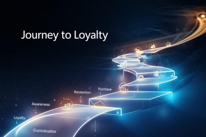 A glowing digital funnel showing the stages of the customer journey from awareness to loyalty, symbolizing how marketers attract, convert, and retain customers.