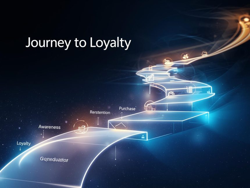 A glowing digital funnel showing the stages of the customer journey from awareness to loyalty, symbolizing how marketers attract, convert, and retain customers.
