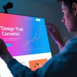 A glowing holographic wireframe of a landing page layout, illustrating the key visual elements of a high-converting design for 2025.