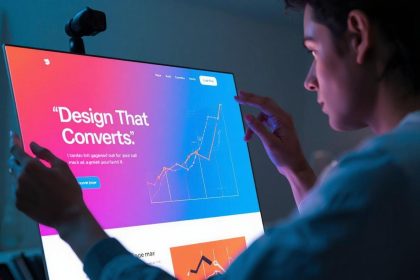 A glowing holographic wireframe of a landing page layout, illustrating the key visual elements of a high-converting design for 2025.