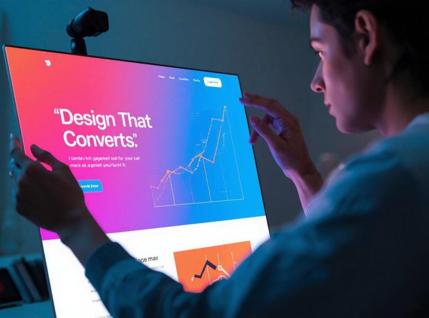 A glowing holographic wireframe of a landing page layout, illustrating the key visual elements of a high-converting design for 2025.