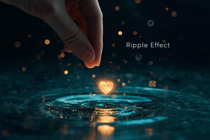 Digital marketer standing between a glowing heart icon and a rising search ranking chart, symbolizing the debate over whether social signals impact SEO.