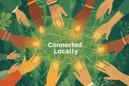 Digital marketer analyzing a glowing map connected by link chains, representing local link-building strategies that strengthen community SEO relevance.