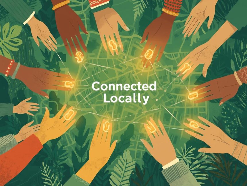 Digital marketer analyzing a glowing map connected by link chains, representing local link-building strategies that strengthen community SEO relevance.