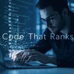 Digital marketer pointing at glowing code that transforms into rich Google snippets, symbolizing how structured data and schema markup enhance search visibility in 2025.