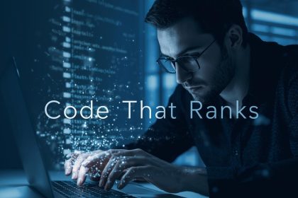 Digital marketer pointing at glowing code that transforms into rich Google snippets, symbolizing how structured data and schema markup enhance search visibility in 2025.