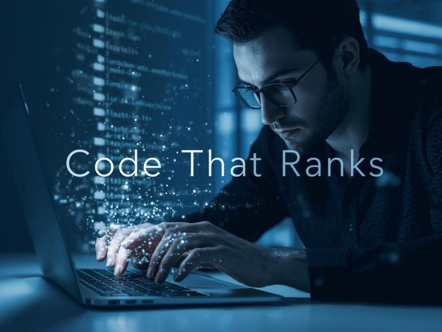 Digital marketer pointing at glowing code that transforms into rich Google snippets, symbolizing how structured data and schema markup enhance search visibility in 2025.