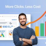 Digital marketer analyzing a glowing Google Ads interface with multiple ad extensions activated, symbolizing higher click-through rates and cost efficiency.