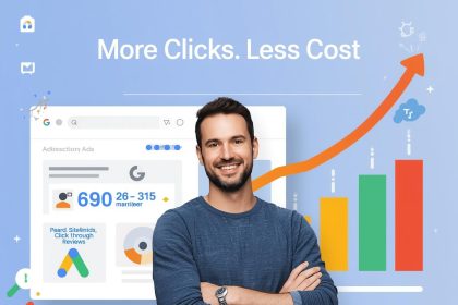 Digital marketer analyzing a glowing Google Ads interface with multiple ad extensions activated, symbolizing higher click-through rates and cost efficiency.