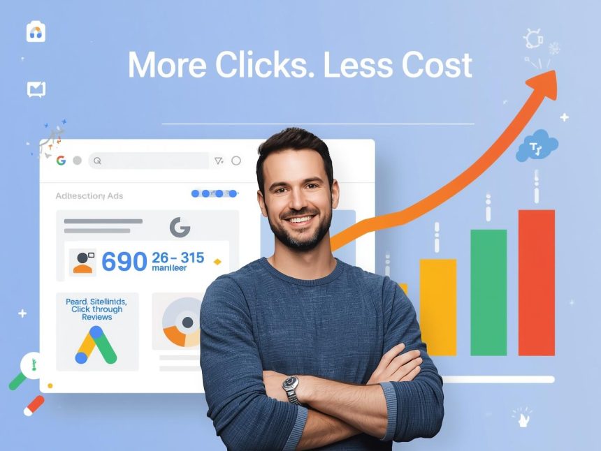 Digital marketer analyzing a glowing Google Ads interface with multiple ad extensions activated, symbolizing higher click-through rates and cost efficiency.