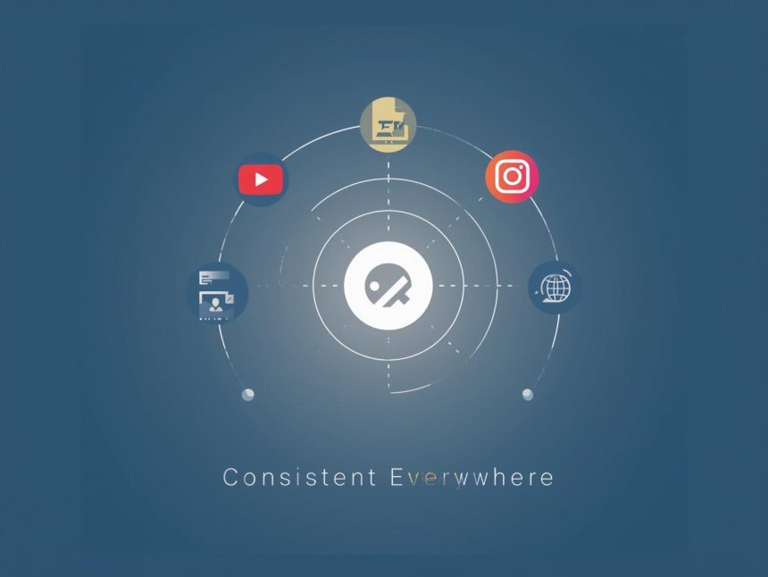 A marketer surrounded by connected screens displaying unified brand visuals, symbolizing consistent multichannel marketing and audience reach.