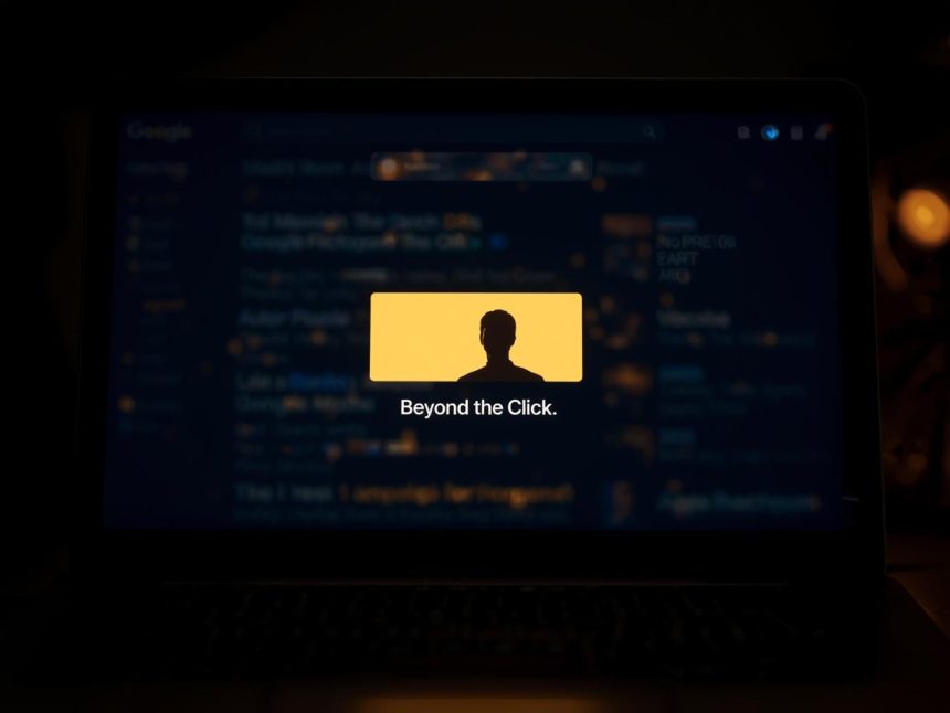 Digital marketer standing before a glowing featured snippet on Google, symbolizing visibility and authority in zero-click search results.