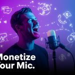Image of a glowing podcast microphone connected to audience silhouettes and money symbols, symbolizing how creators turn engagement into income through monetization strategies in 2025.